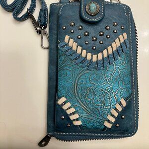 NWT American Bling Stud Blue/Turquoise Leather Crossbody Bag w/Strap